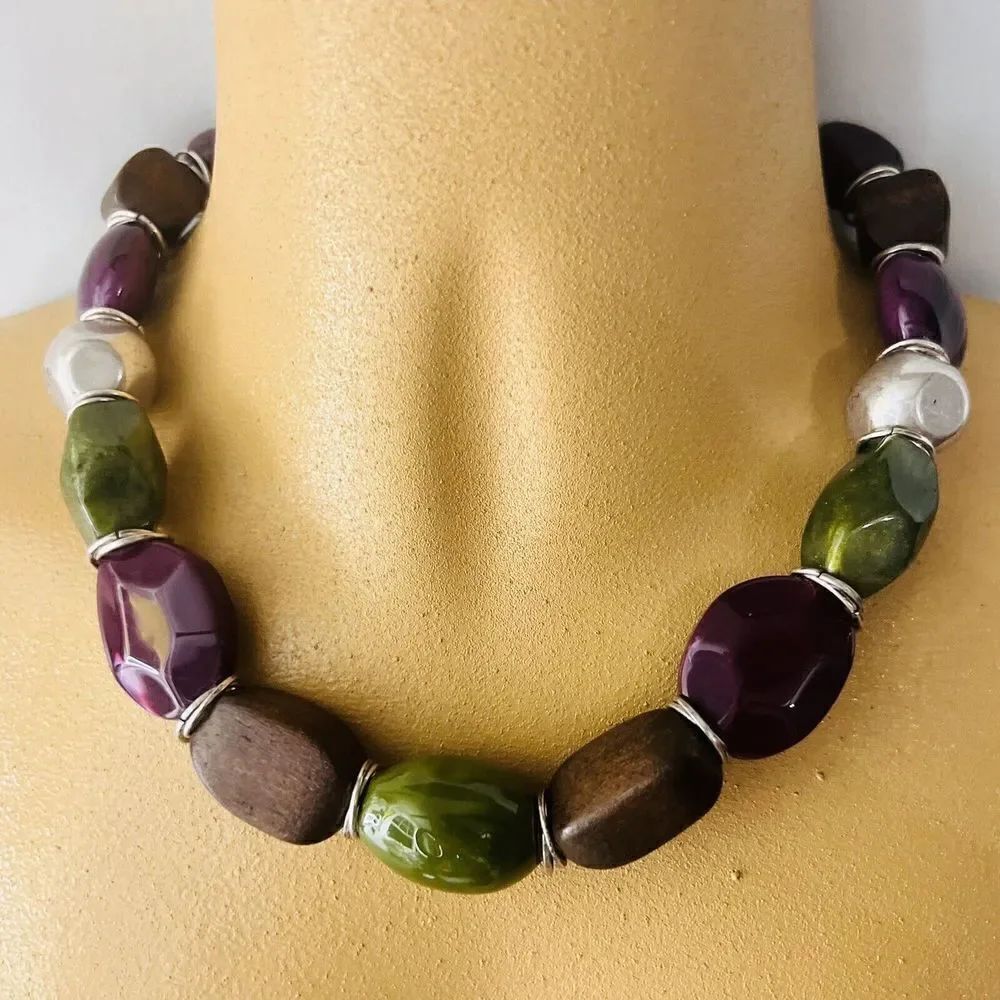 Vintage Lucite Wood Necklace Green Purple Brown Silver Faceted Chunky Beads 4434